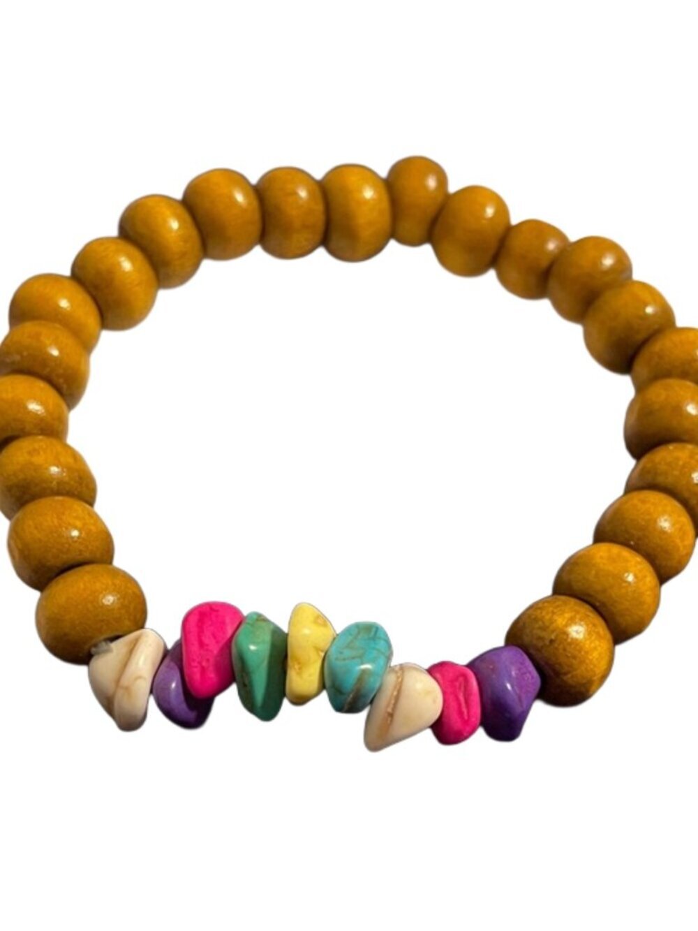 NWOT Temu Women’s Brown Boho Wood Stretch Bracelet with Multi-Color Beads OS